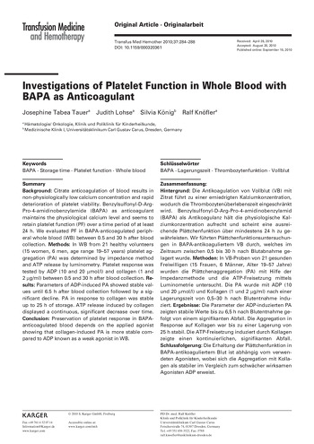 Investigations of Platelet Function in Whole Blood with BAPA as anticoagulant